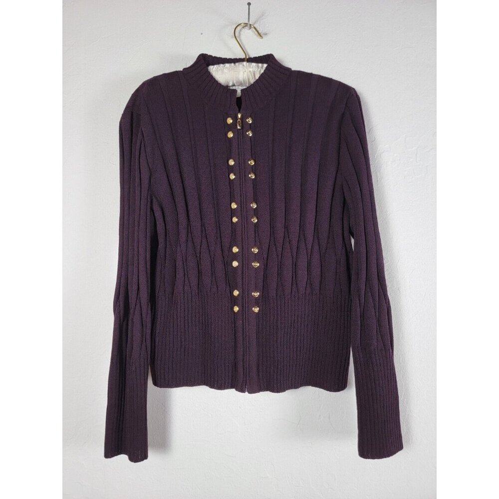 St. John Collection by Marie Gray Purple Ribbed Full-Zip Sweater 8 Gold Button